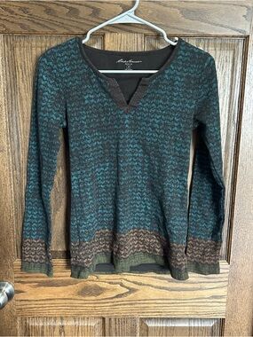 Eddie Bauer Teal and Brown Patterned V-Neck Sweater